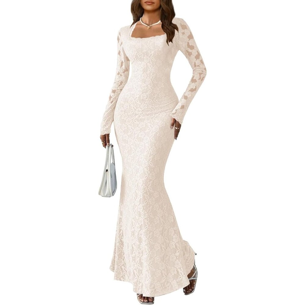 Women Apricot Dress Elegant Square Neck Long Sleeve Floral Lace Sexy Wedding